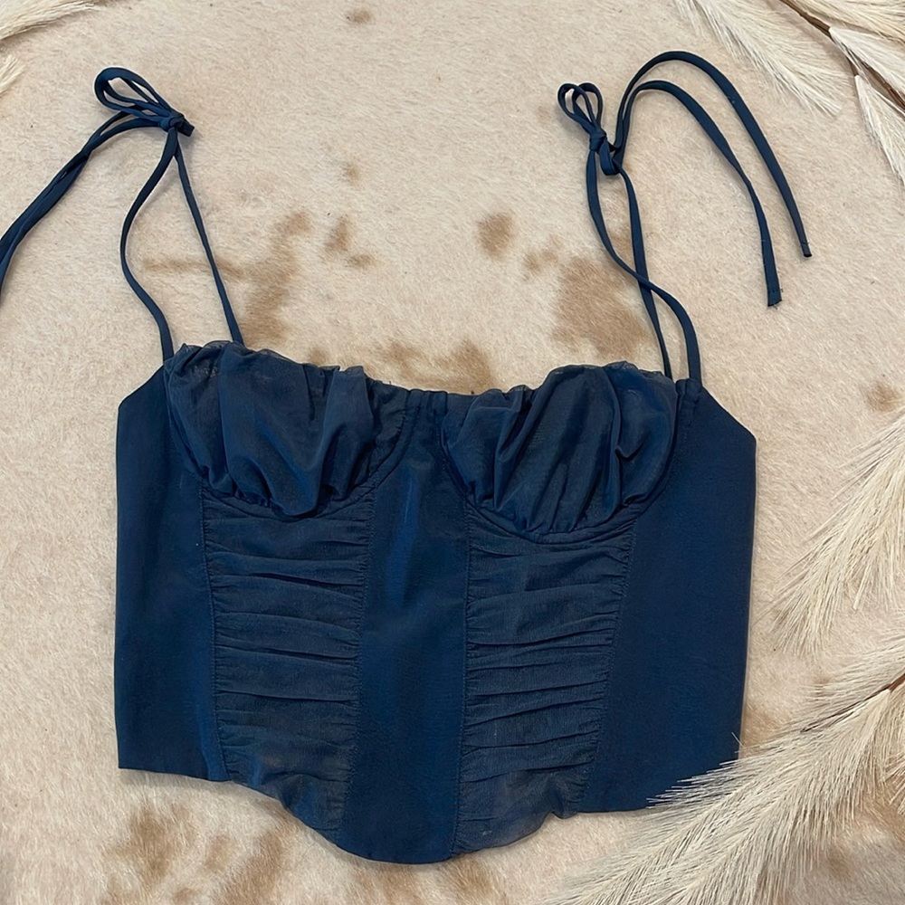 white fox navy blue bustier crop top